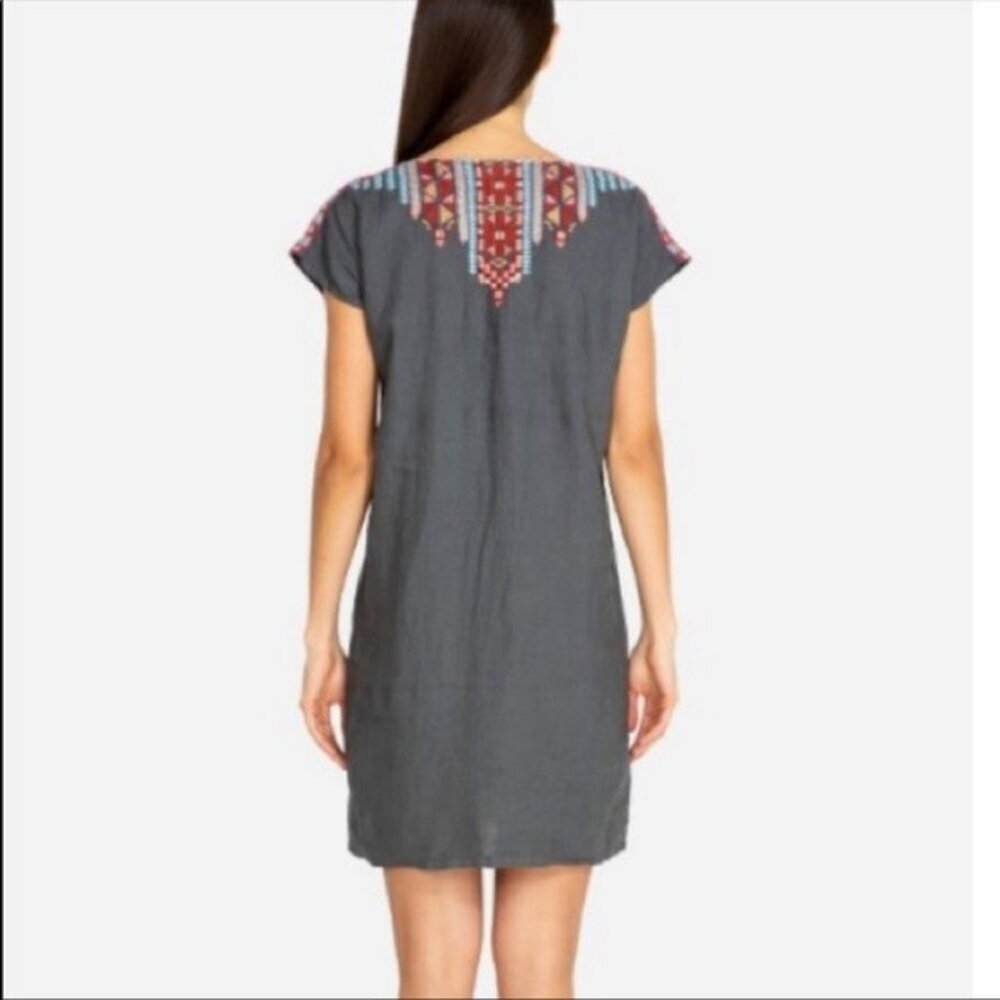 Johnny Was Ezra Shift Dress Gray Linen Embroidered Tribal Motif Mini Tunic S - Picture 3 of 11